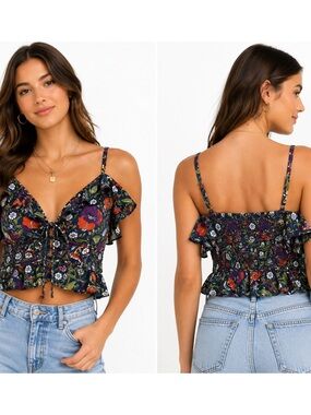 Anthropologie Navy Floral Tie-Front Cropped Camisole with Green & Purple Accents